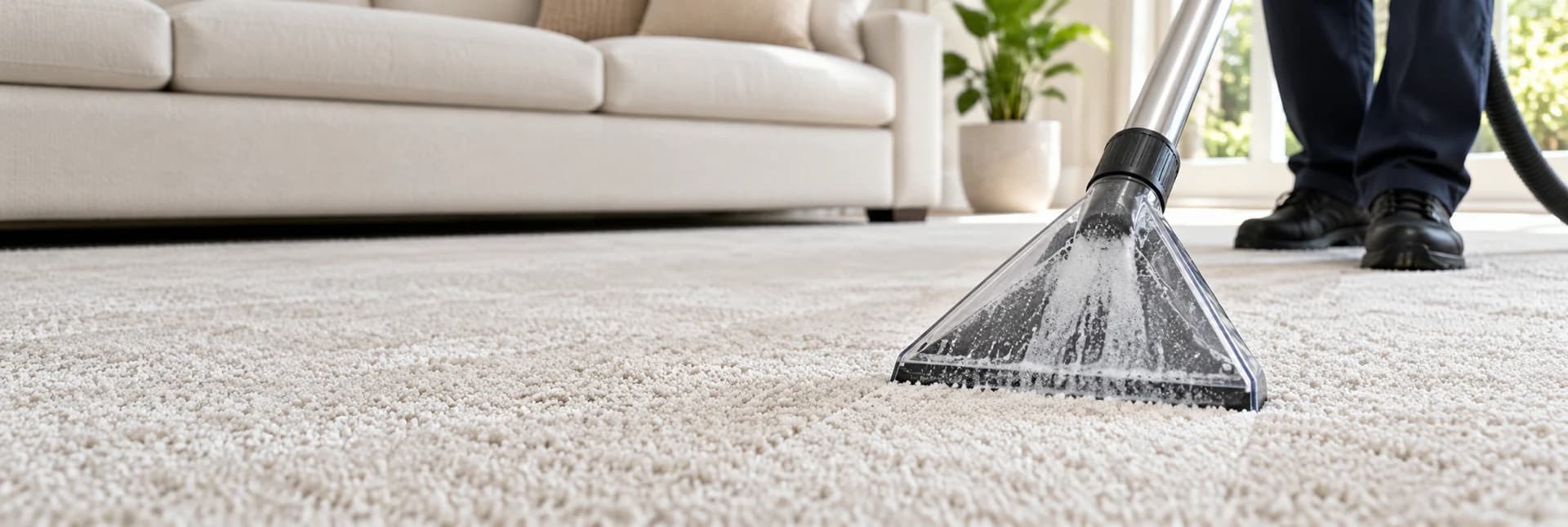 Carpet-cleaning equipment working across a light carpet beside a sofa