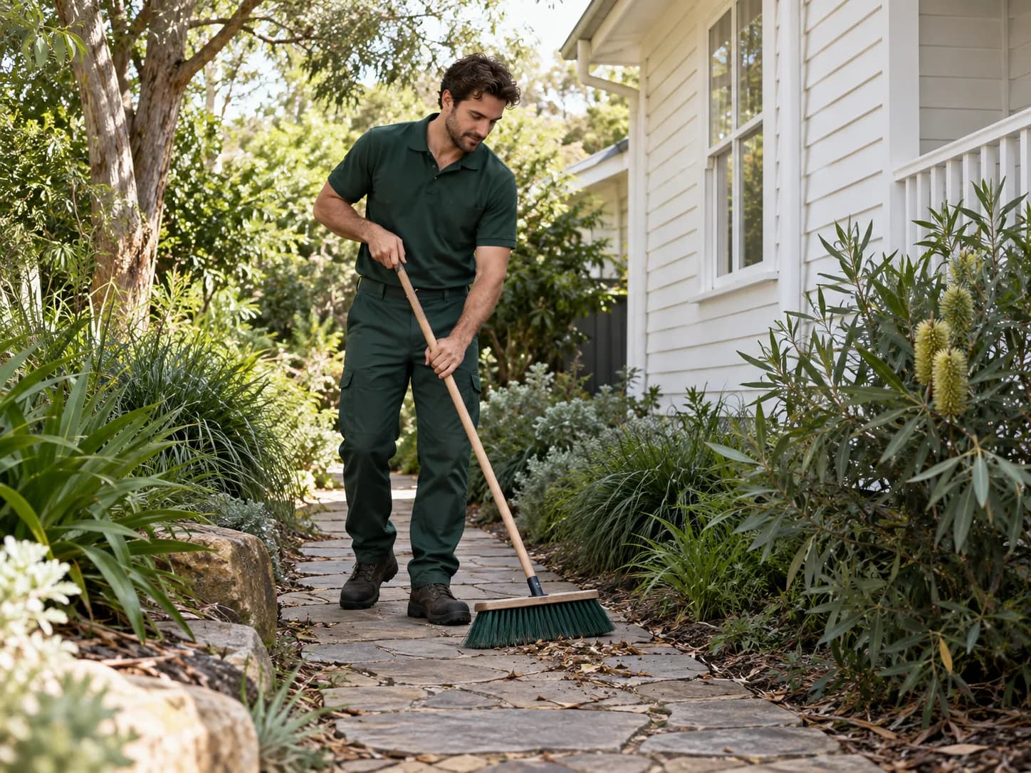 Male cleaner sweeping a path beside a weatherboard home
