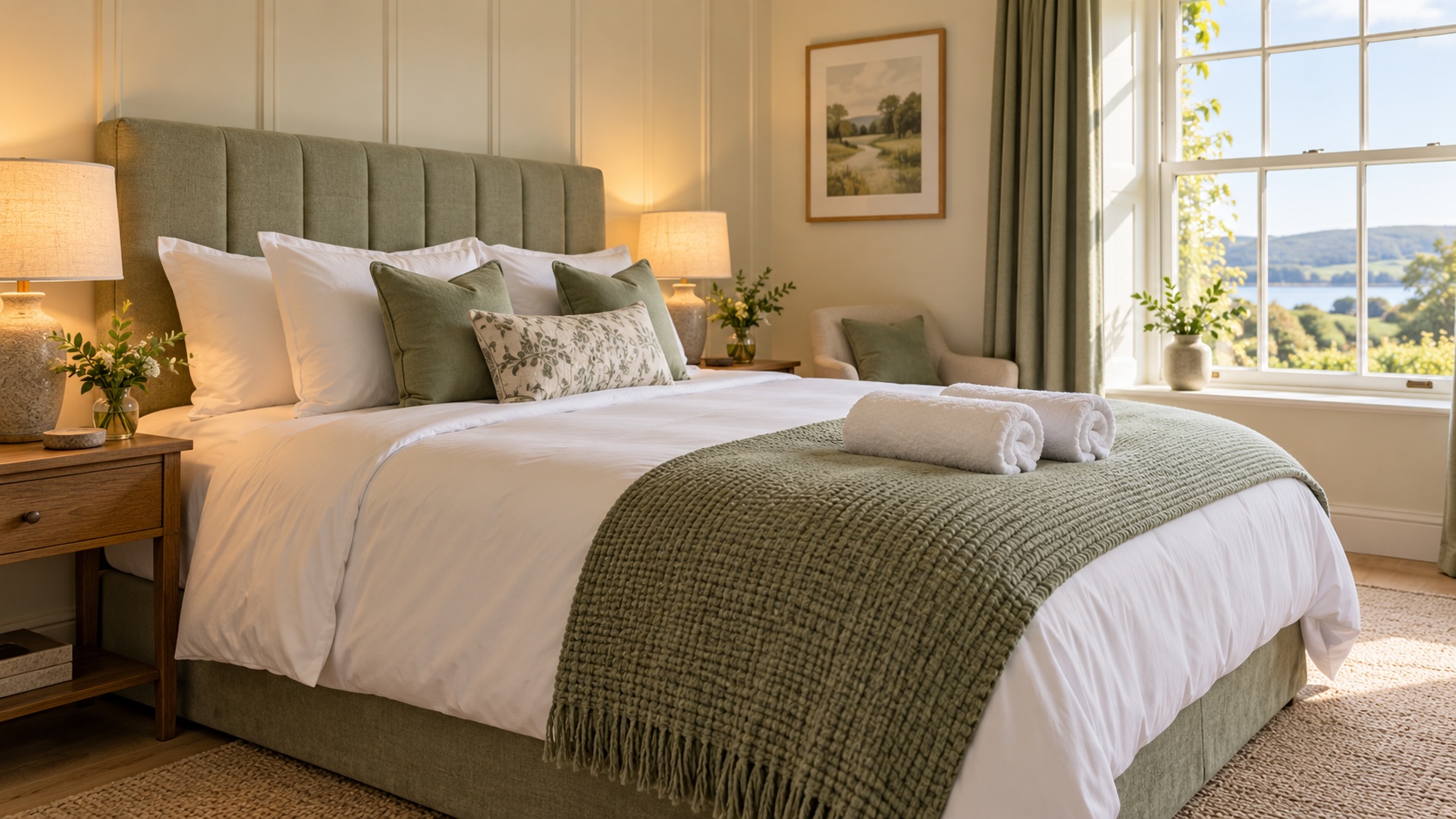 Freshly cleaned guest bedroom with neatly folded towels