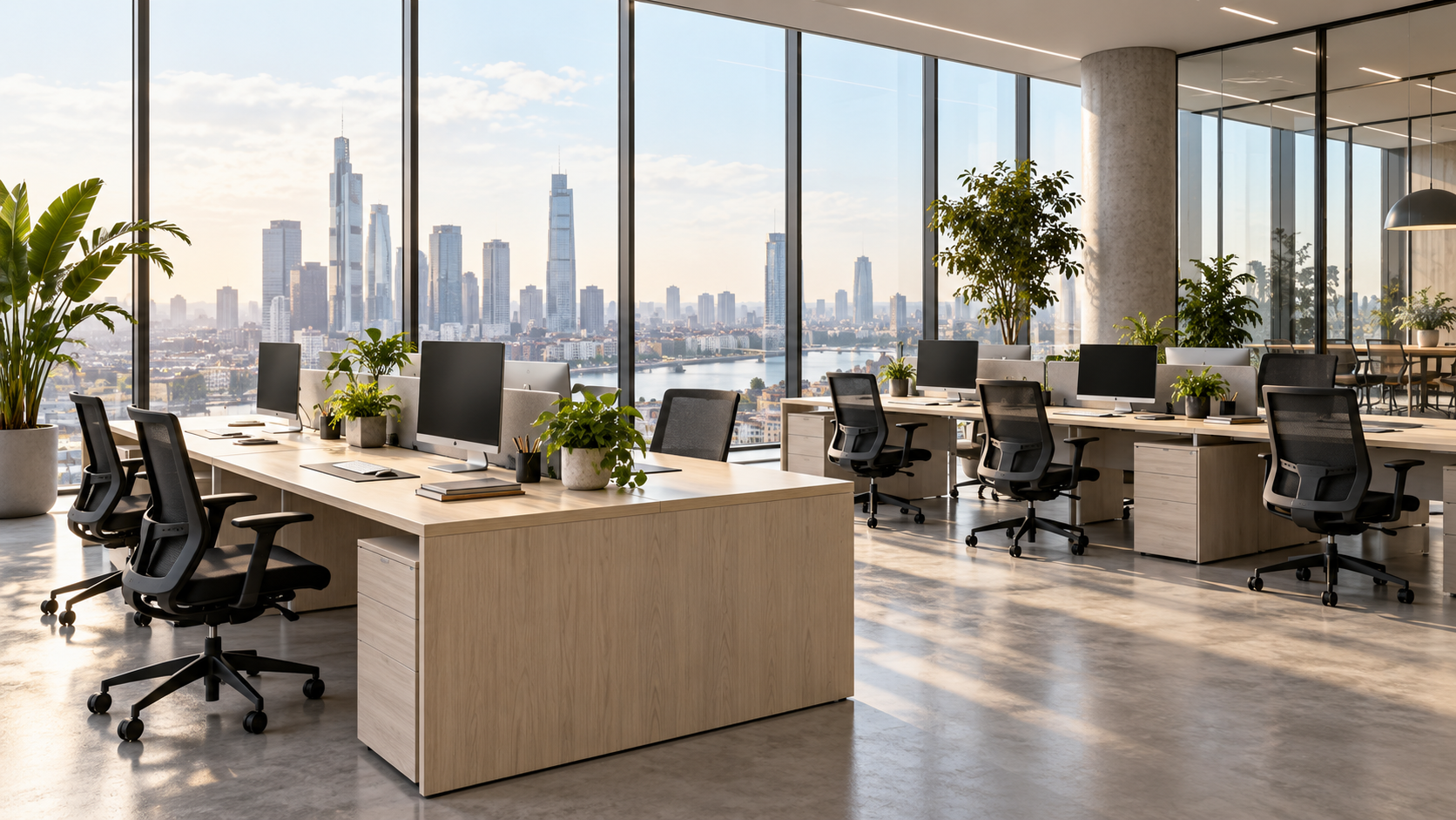 Freshly cleaned light-filled office with tidy workstations
